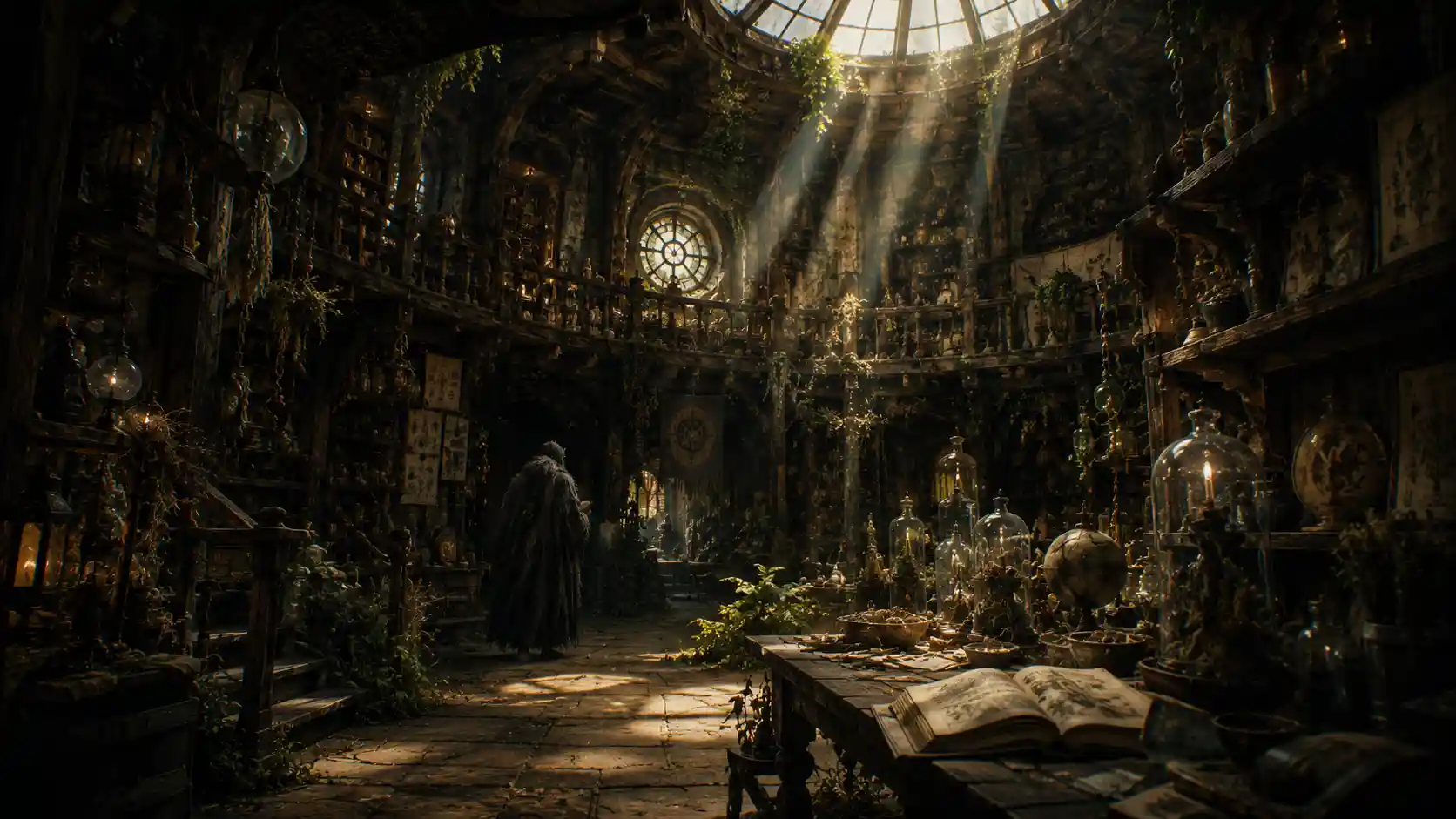 A shadowed roundhouse interior filled with shelves, plants, old diagrams, glass vessels and shafts of sunlight.
